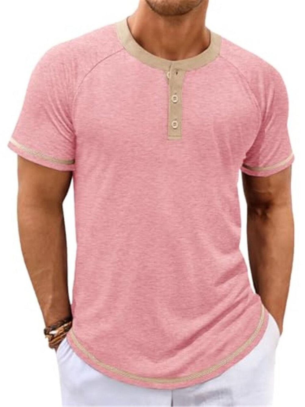 Mens Henley Shirt Short Sleeve Pink Slim Fit Button Casual Summer Tee Stretch